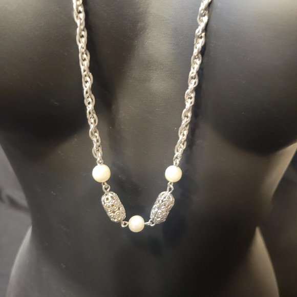 Vintage Faux Pearl Necklace 50" Sarah Coventry Chain Silver Tone Ornate Barrels - Picture 3 of 5